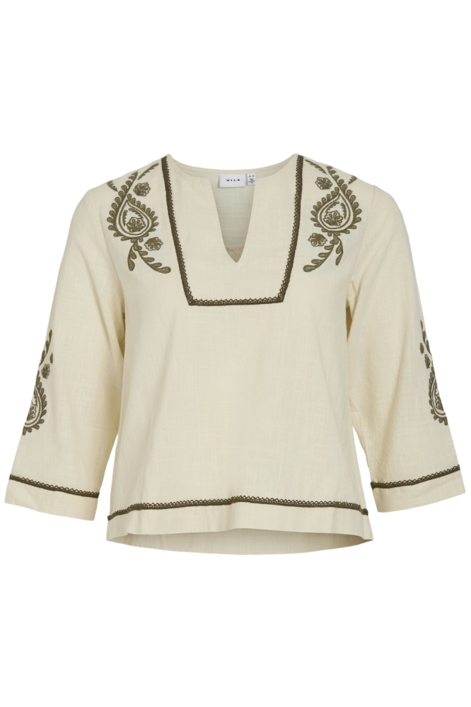 VIJOSLA V-NECK 3/4 TOP 14105770 BIRCH/EMBROIDERY